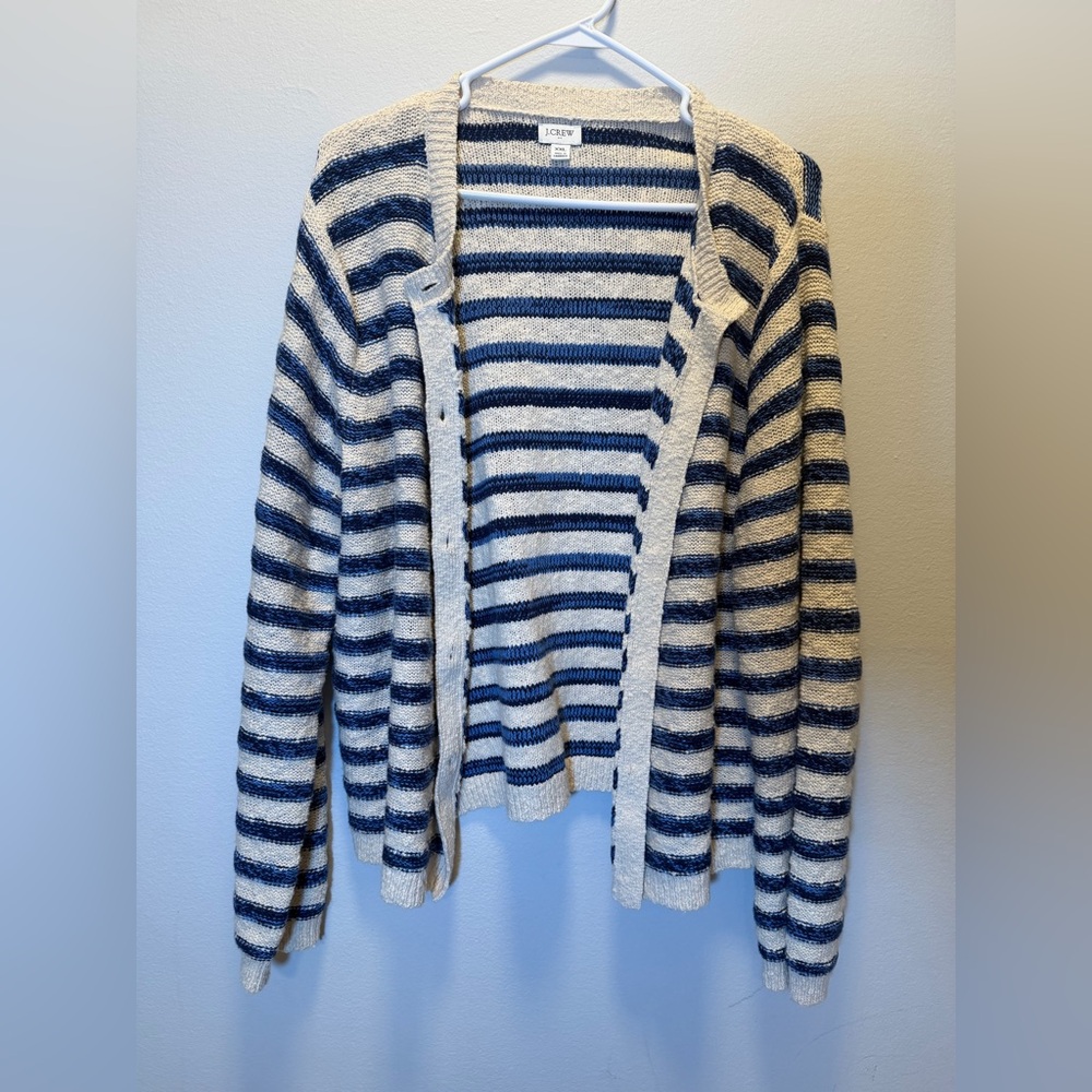 J. Crew Women Striped Slub Cotton-blend Cardigan Sweater Beige Navy Blue XXL - Picture 2 of 10